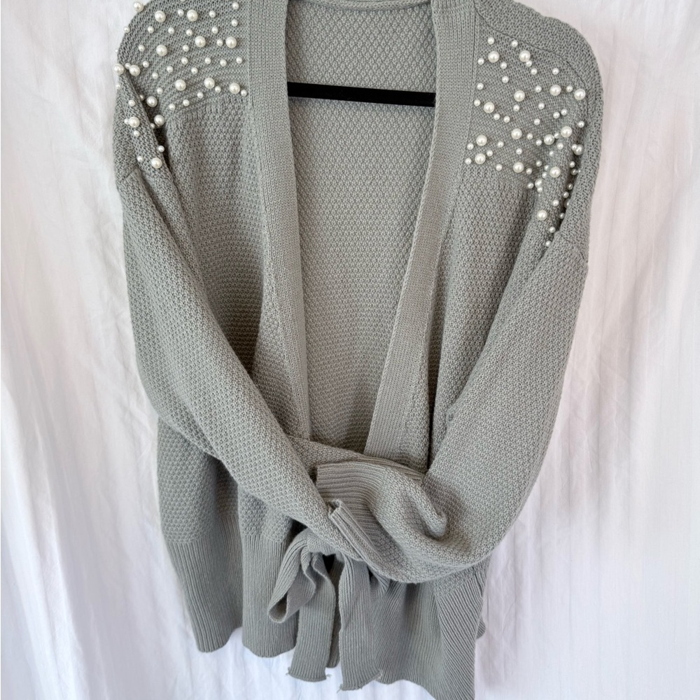Pearl-Detail Open Front Knit Cardigan - Light Sage
